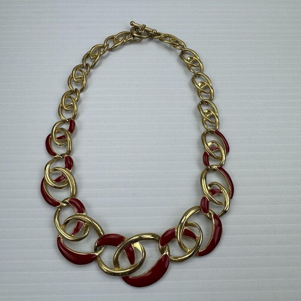 Vintage Necklace Red Enamel Gold Tone Chain Link Choker 80s Glamour 17"